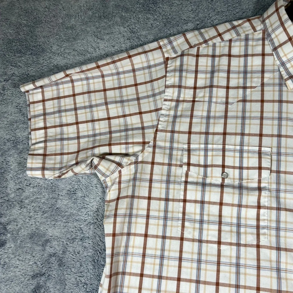 Wrangler Mens XXL Plaid Western Pearl Snap Short Sleeve Shirt Brown Tan‎ Blue